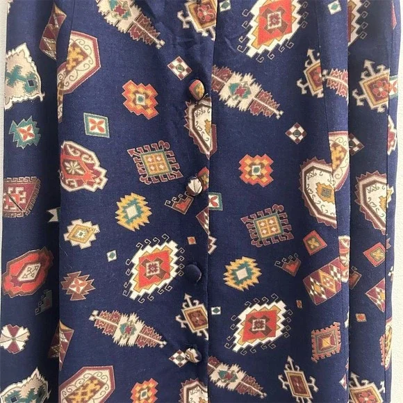 PAMELA B Maxi Skirt Southwestern Print Button Front Navy Blue Rayon Women's VTG - Picture 5 of 6